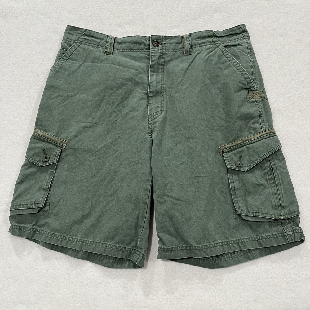 REI Thick Cotton Canvas Cargo Shorts Green Men 38 Hiking Climbing Gorp Pockets